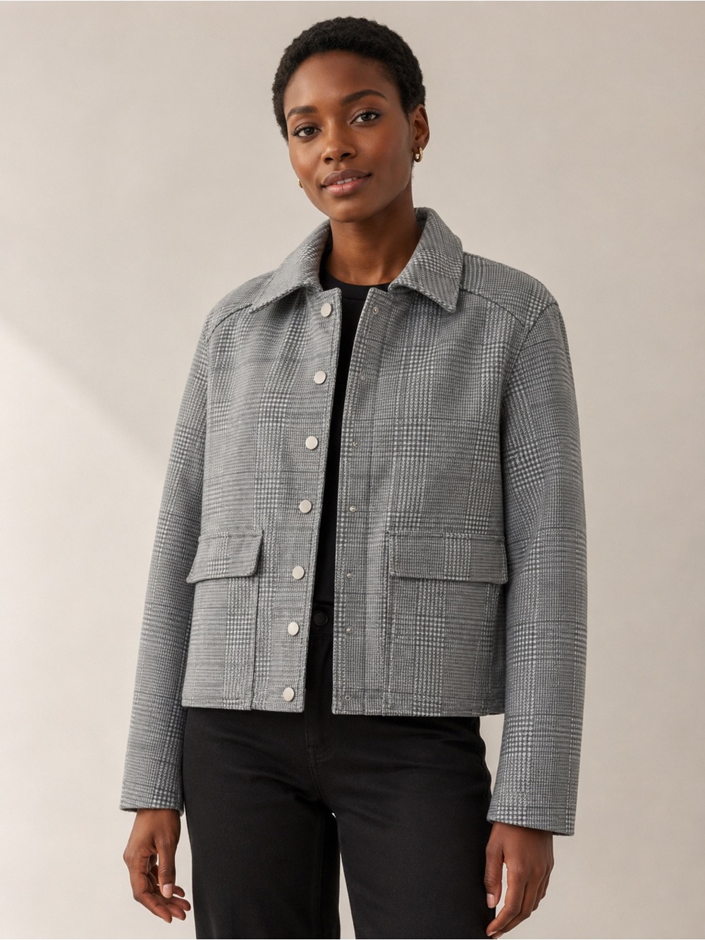 Black and White Cropped Plaid Button-Front Jacket